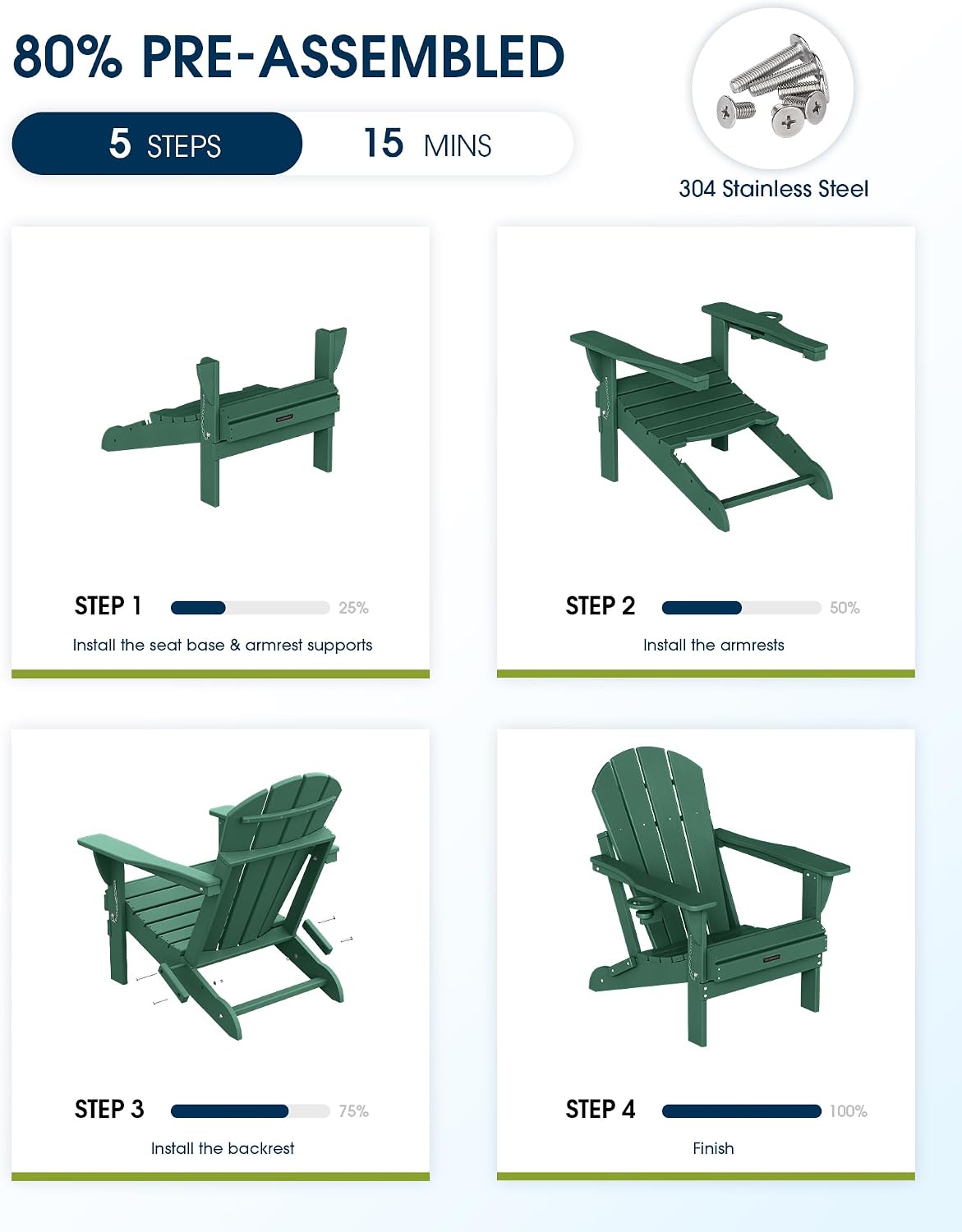 Thumbnail 4 de MUCHENGHY Folding Adirondack Chair Set of 2, Green HDPE Patio Chairs with Cup Holders