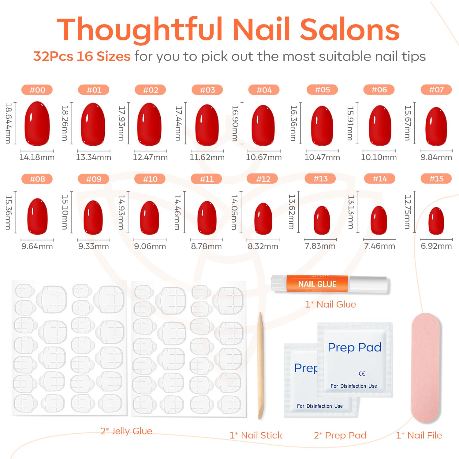 Detalle de modelones Red Short Oval Press-On Nails, 32 Pieces in 16 Sizes