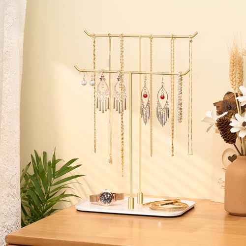 Detalle 2 de Josmimic Soporte para Joyas: bandeja dorada de doble barra para collares, pulseras y anillos