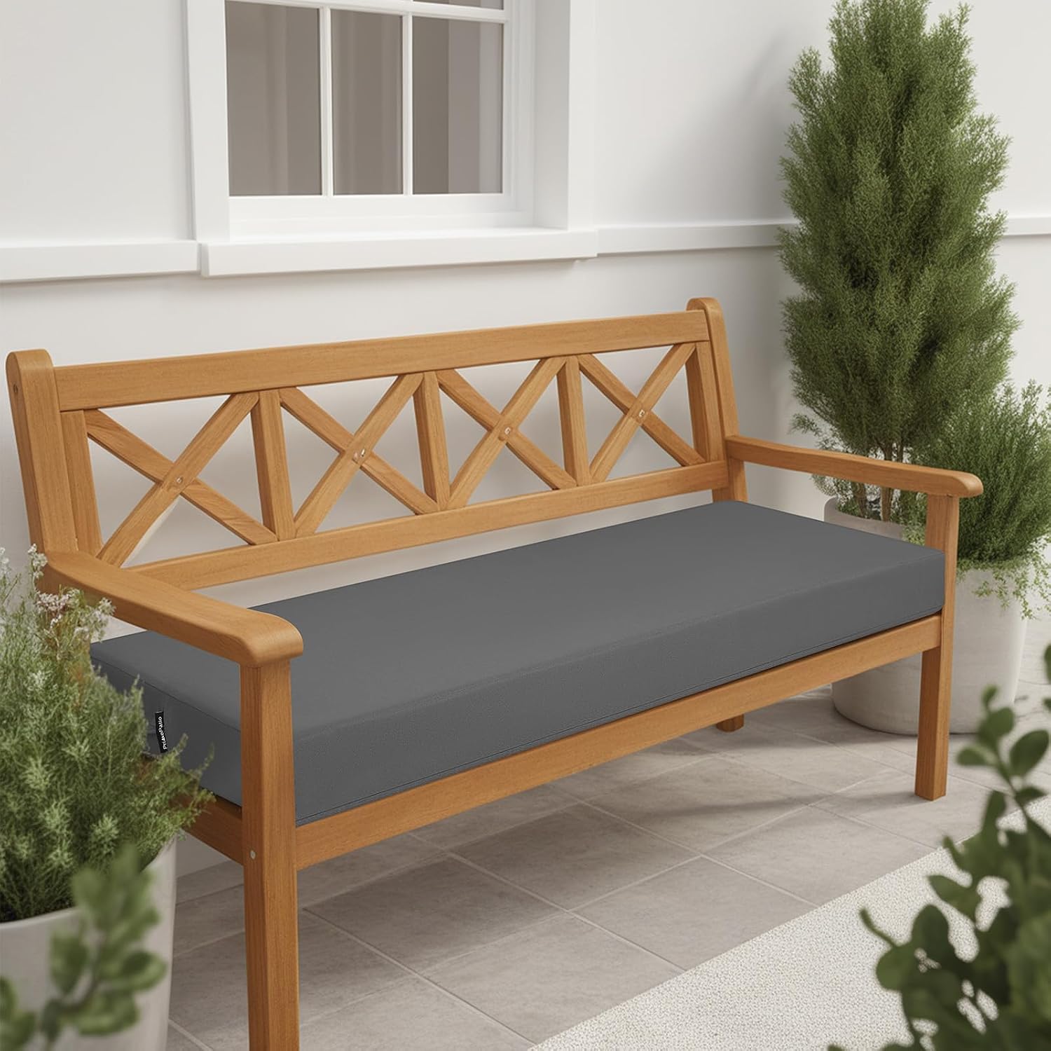 Detalle de PRIMEPATIO 8cm memory foam outdoor garden bench cushion (dark grey) with waterproof cover and ties