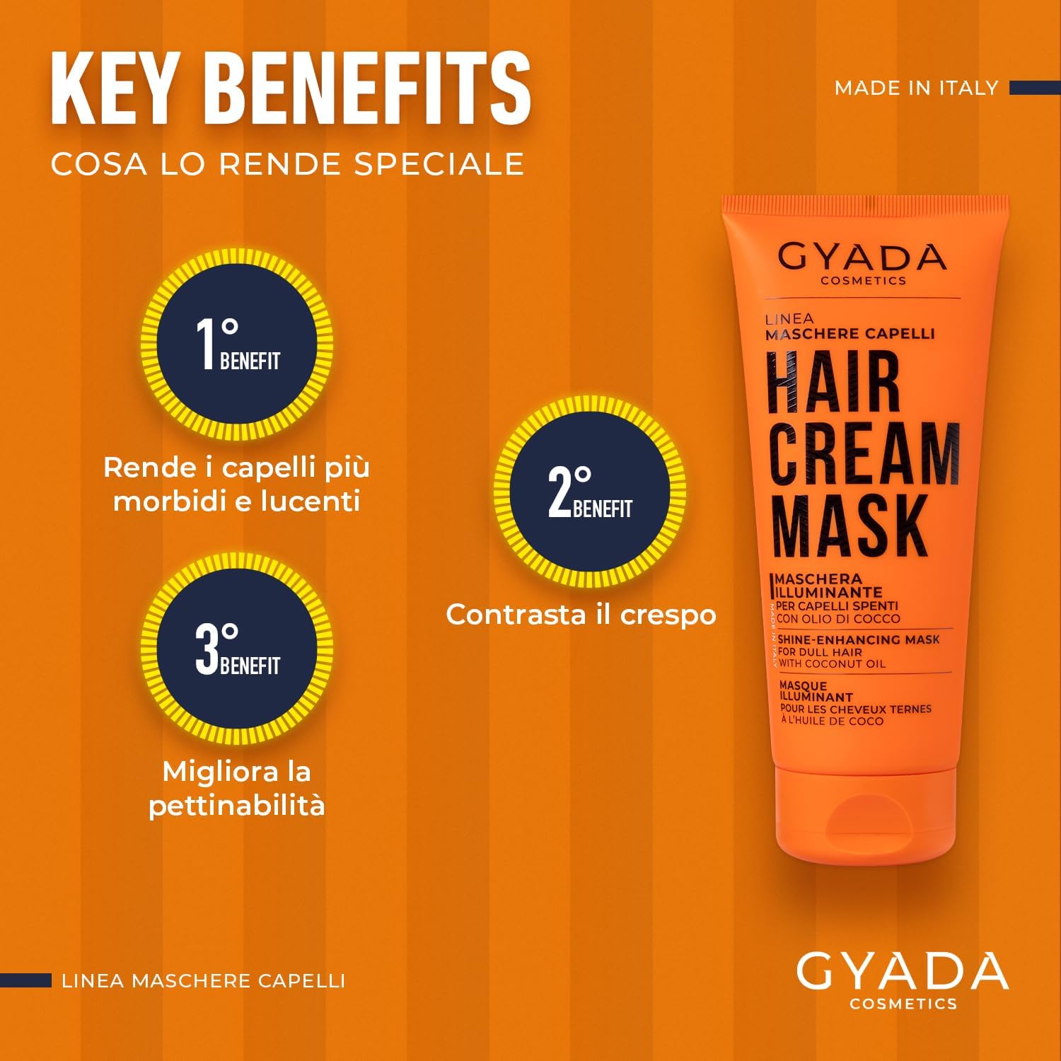 Detalle de GYADA COSMETICS Maschera Capelli Illuminante e Rivitalizzante con Olio di Cocco e Avocado, 200 ml