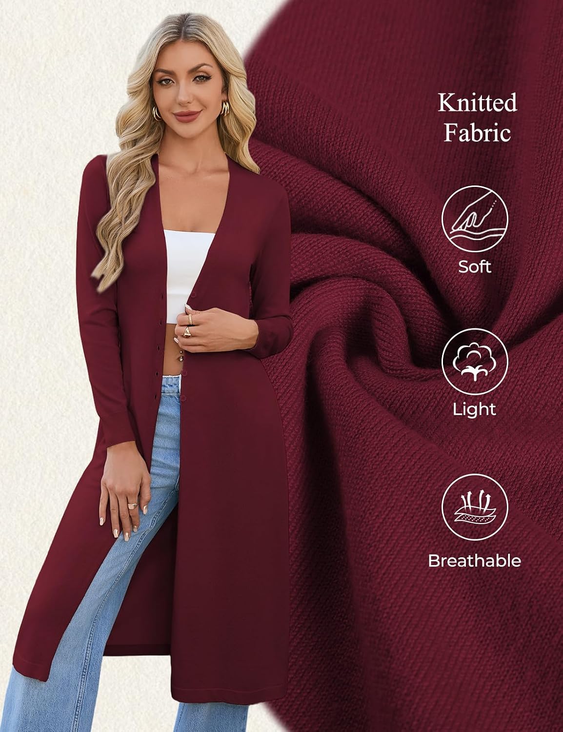 Detalle 1 de GRACE KARIN Women's Long Lightweight Knit Cardigan, V-Neck Button-Up Duster