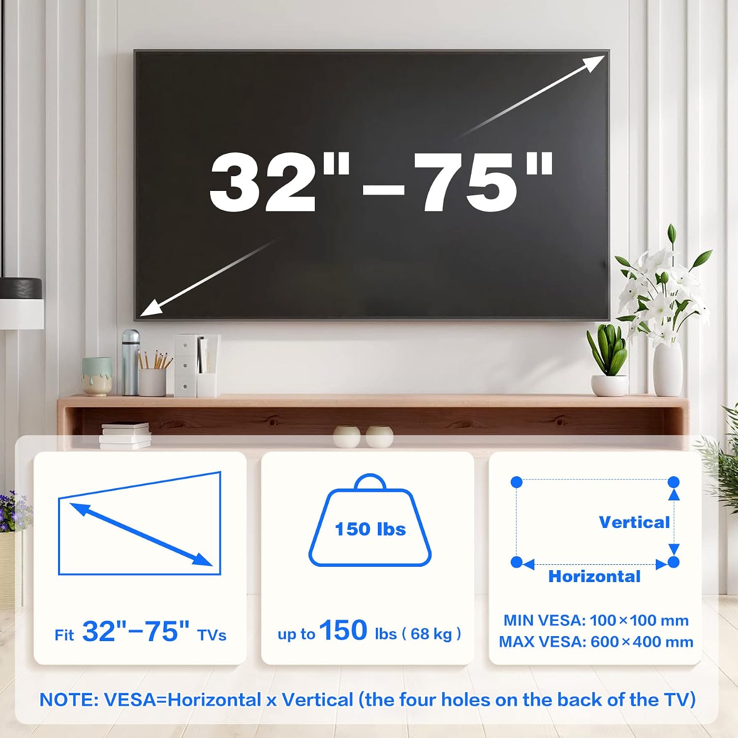 Detalle de KAMIWI No Stud TV Wall Bracket for 32–75 inch TVs (Drywall, VESA up to 600x400mm)