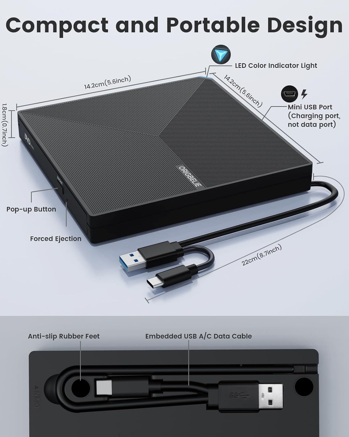 Thumbnail 5 de ORIGBELIE Masterizzatore DVD Esterno: Versatilità Portatile con USB 3.0 e USB-C