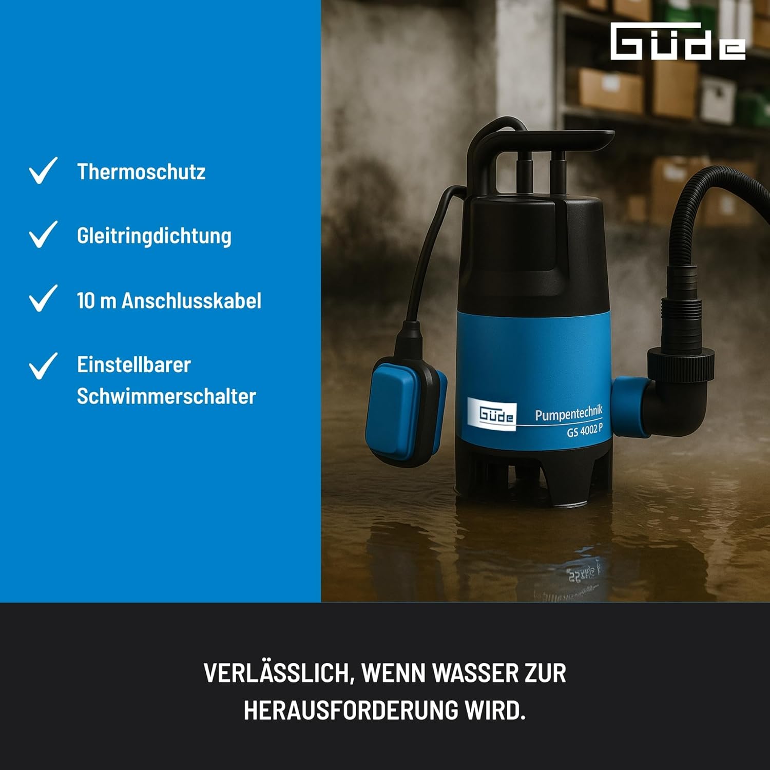 Detalle de Güde Schmutzwassertauchpumpe GS 4002 P – 400 W, 7500 l/h, 5 m Förderhöhe, 4 m Eintauchtiefe