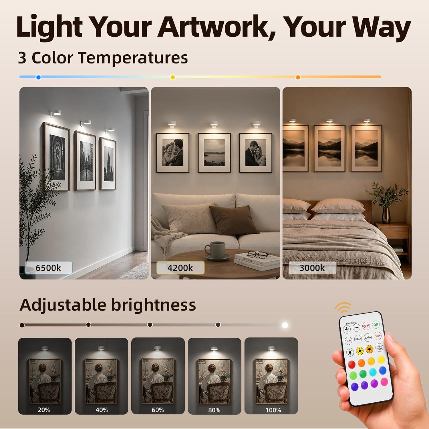Detalle 2 de EZVALO Picture Lights for Wall (3 Pack) – 2000mAh Rechargeable, 3 Color Temps & 12 RGB with Remote