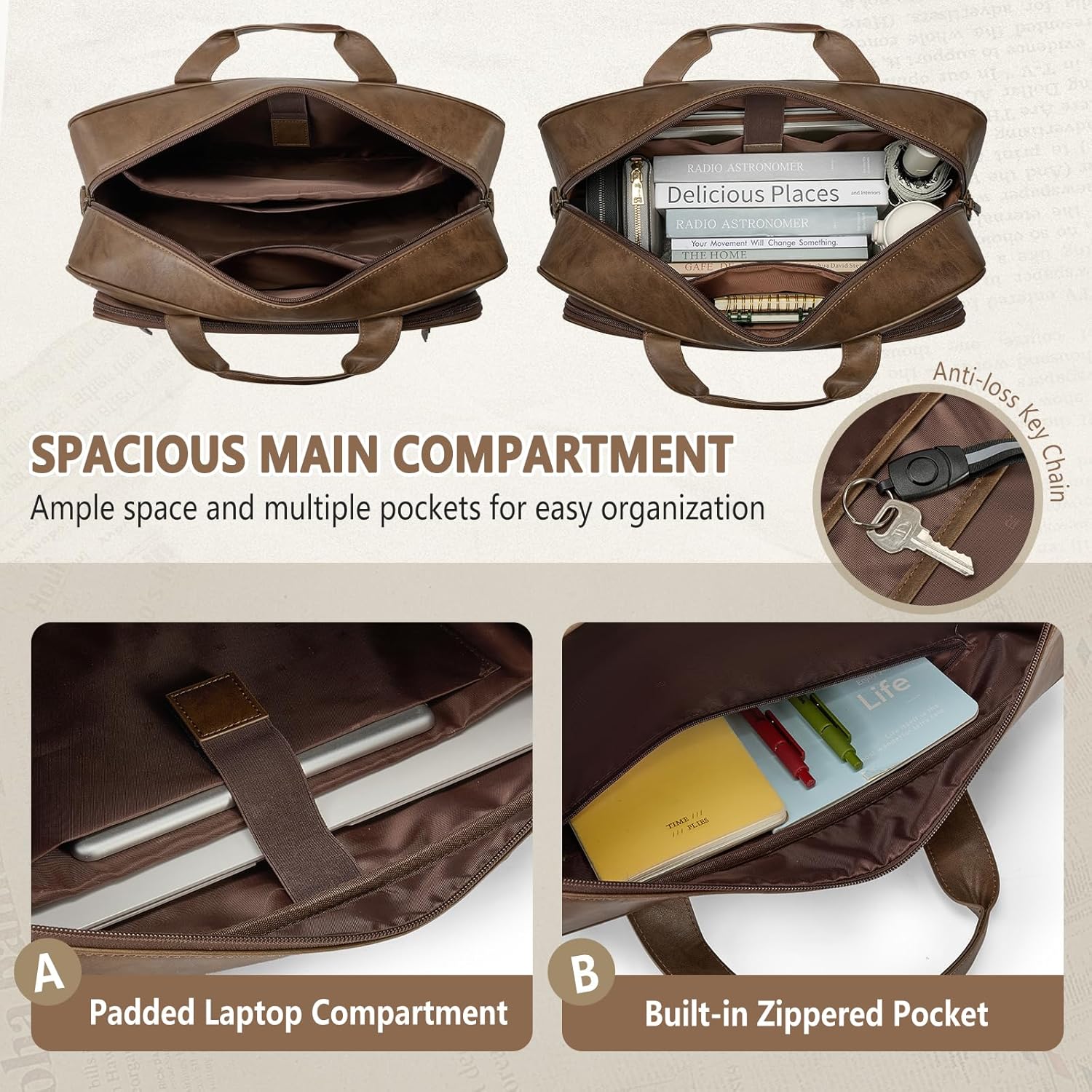 Thumbnail 2 de RAINSMORE Laptop Bag for Men – 16 Inch Waterproof PU Leather Satchel Briefcase