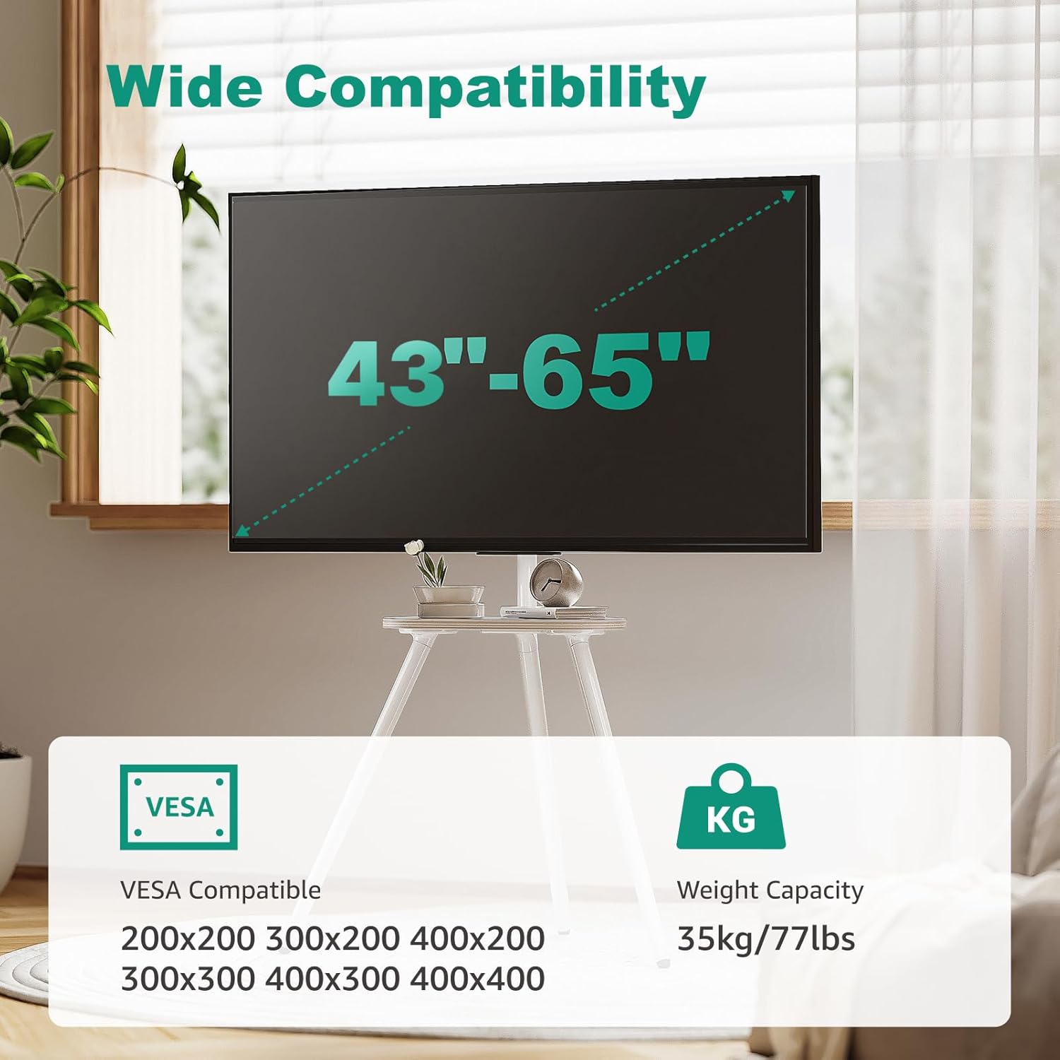 Thumbnail 2 de ECOTINY TV Easel Tripod Stand (White) for 43–65 inch TVs – height-adjustable, swivel ±45° with wooden tray