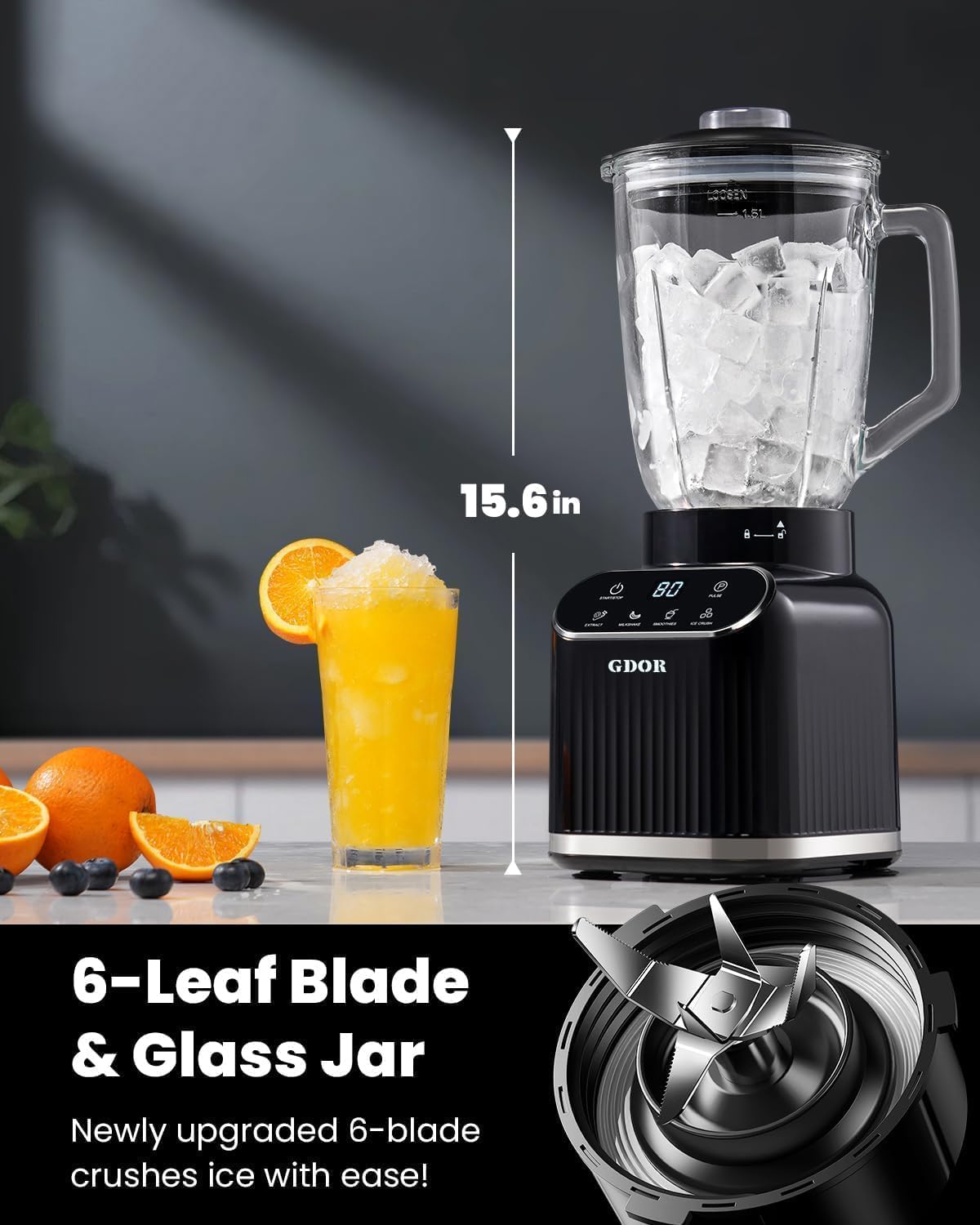 Detalle 2 de GDOR TB-8008 1200W Blender with 52 oz Glass Jar, To-Go Cup and 5 Programs