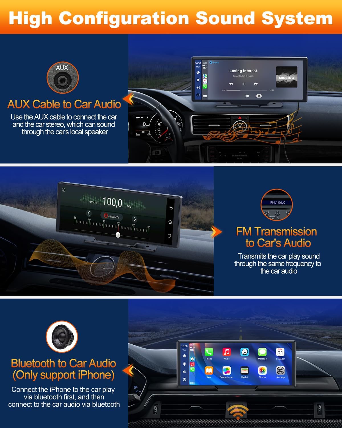 Detalle de Volam 9.26 pollici: Autoradio portatile CarPlay/Android Auto wireless con touchscreen