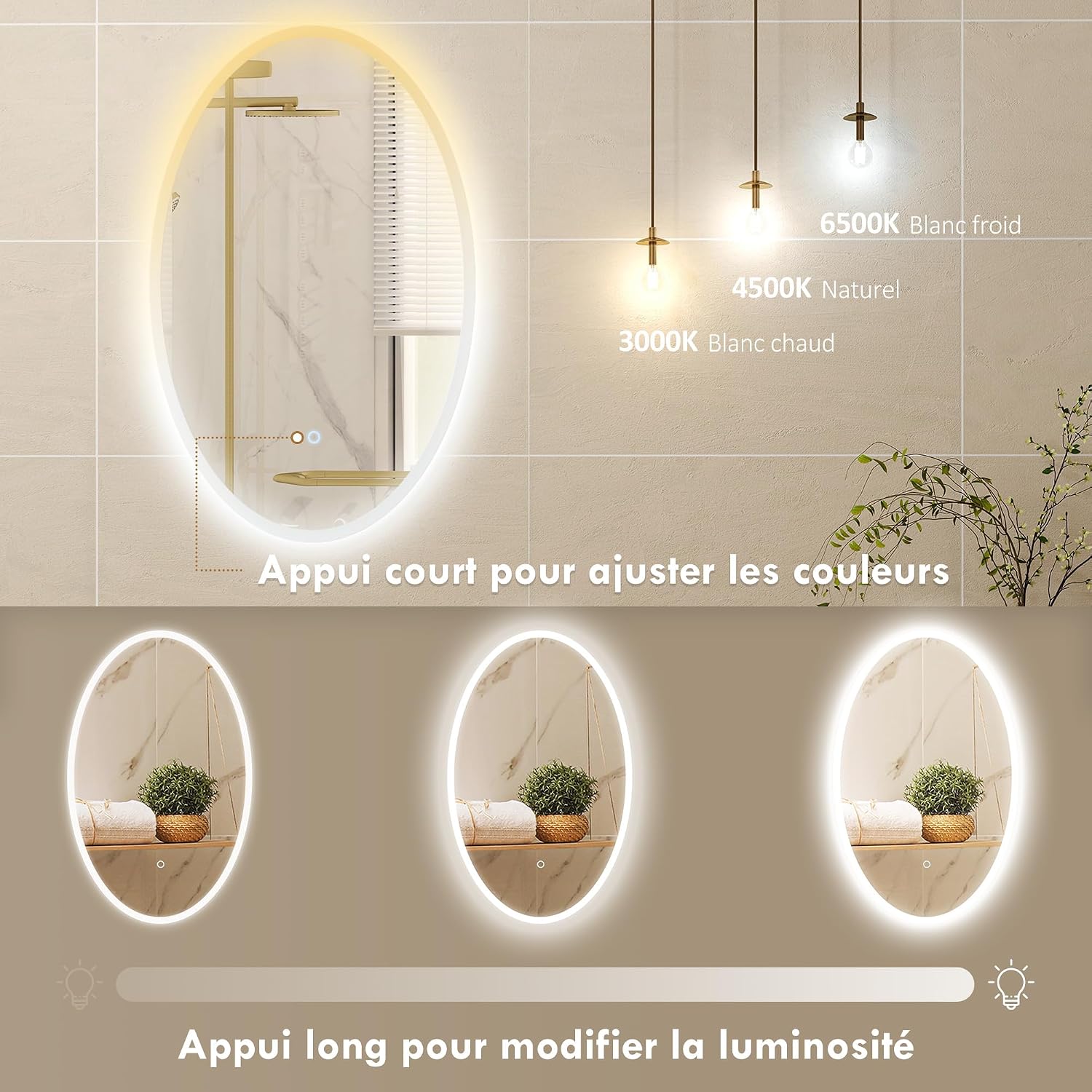 Detalle de HOMCOM miroir de salle de bain LED ovale 80x50 cm avec anti-buée, 3 températures, dimmable et mémoire