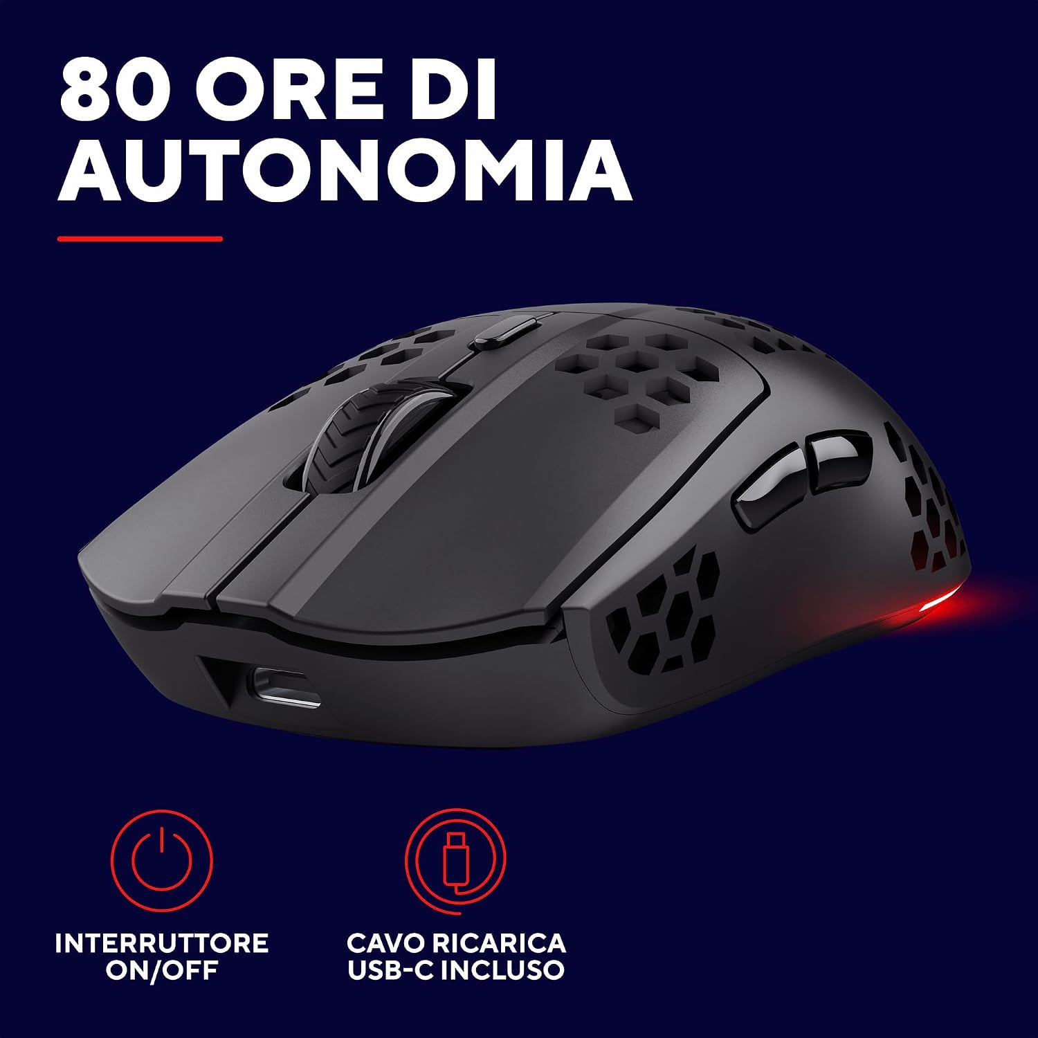 Detalle de GXTrust 929 Helox mouse gaming wireless superleggero 75g, 2.4GHz, DPI 800-4800 e batteria ricaricabile
