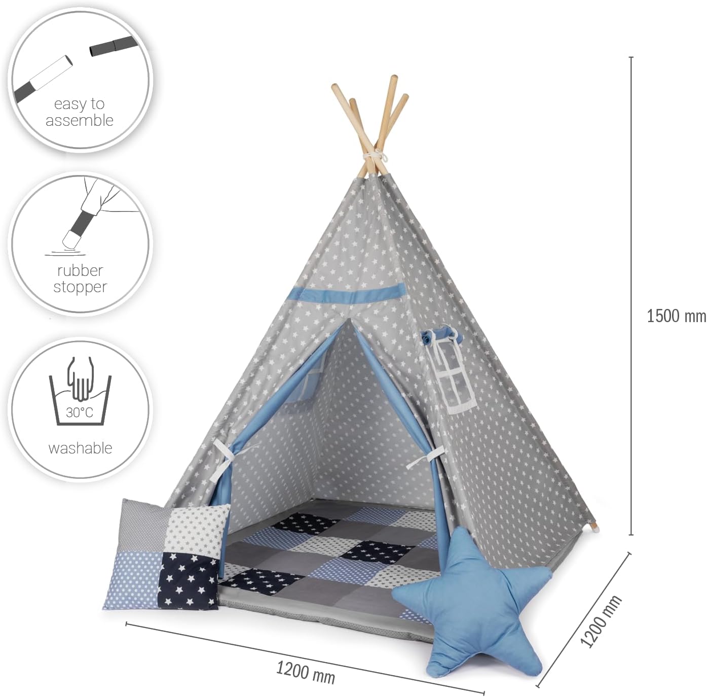 Detalle de Paco Home Tipi Kinderzelt Blau mit Zubehör 🎪