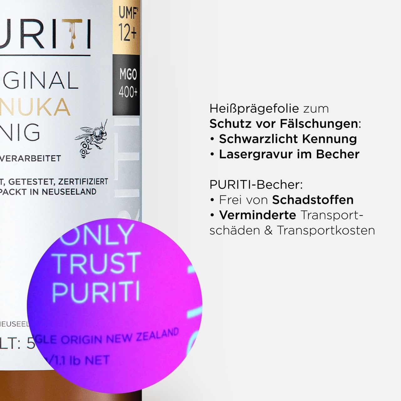 Detalle de PURITI Manuka Honig MGO 400+ 500 g aus Neuseeland – laborgeprüft, direktimportiert, frei von Zusatzstoffen