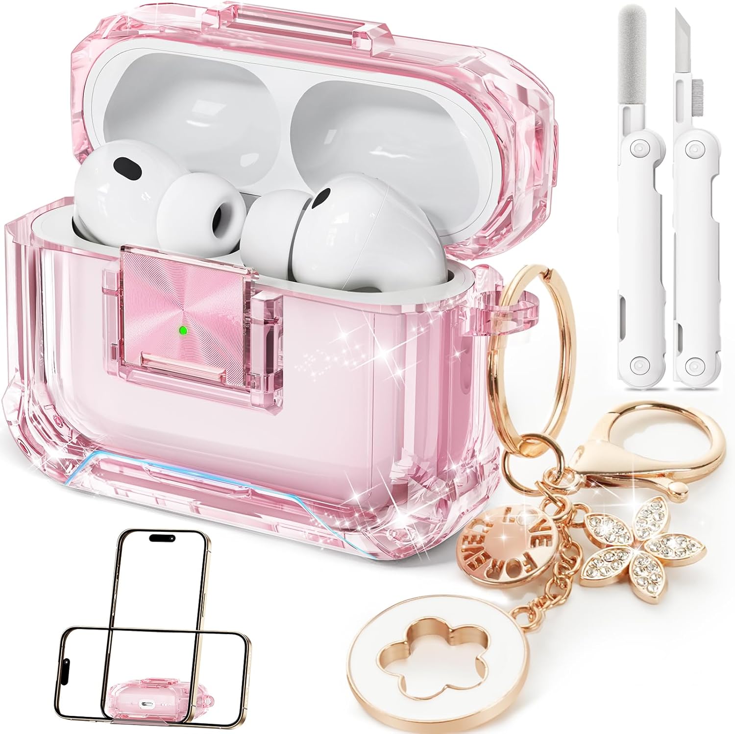 Detalle de Wowwat AirPods Pro 3 Case (2025) with Safety Lock, Clear Soft TPU Cover + Bling Keychain & Cleaner Kit (Clear Pink)