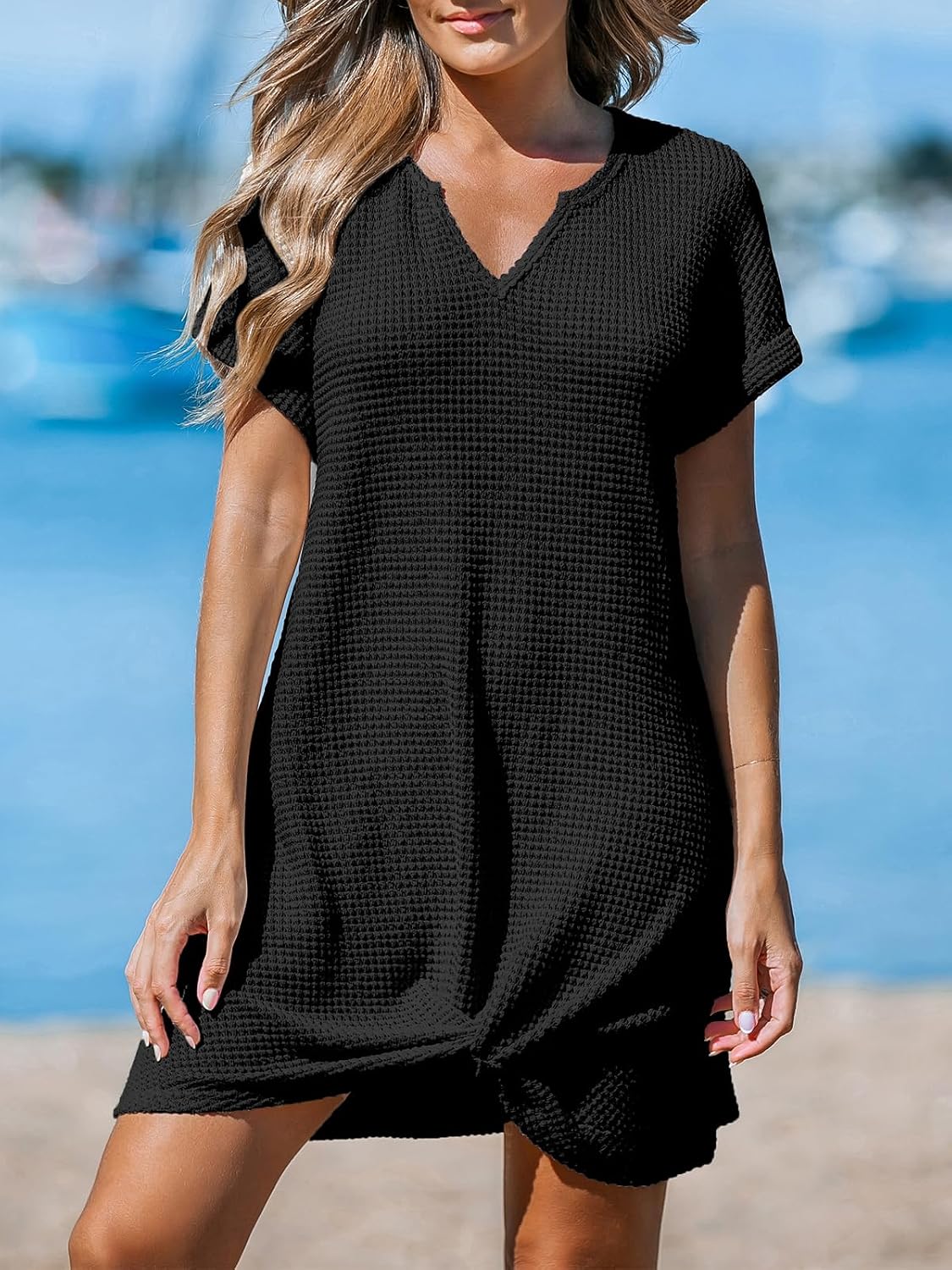 Detalle 2 de CUPSHE Copricostume da bagno in maglia a nido d’ape con orlo twist – maniche corte, estivo e versatile