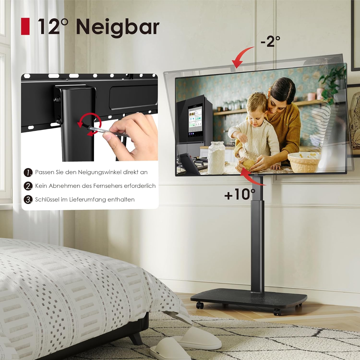 Thumbnail 2 de AOKCOS TV Bodenständer Rollbar mit Holzregal – verstellbar, kippsicher und flexibel für 43–75 Zoll