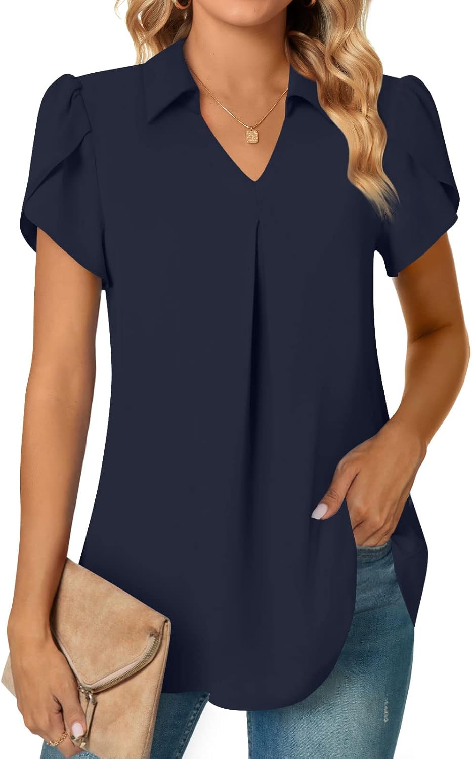 Detalle de Aodemo Women Summer Dressy Chiffon Collared V-Neck Pleated Short Sleeve Blouse