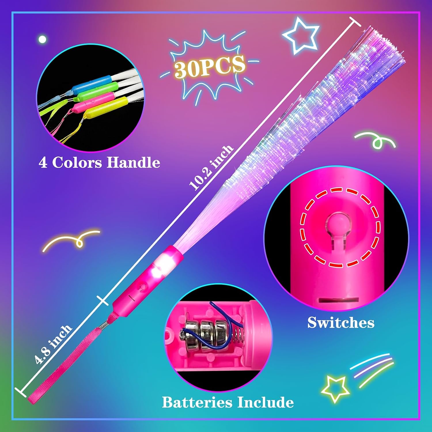 Detalle de TURNMEON LZY-24-GL32P-US3 Glow Fiber Optic Wands, 30-Pack, 7 Colors, 3 Modes