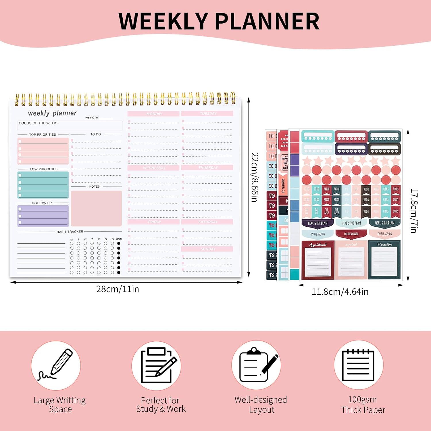 Detalle de Thboxes AB6897 Weekly Desk Planner, 8.5 x 11, 52 Sheets, Pink