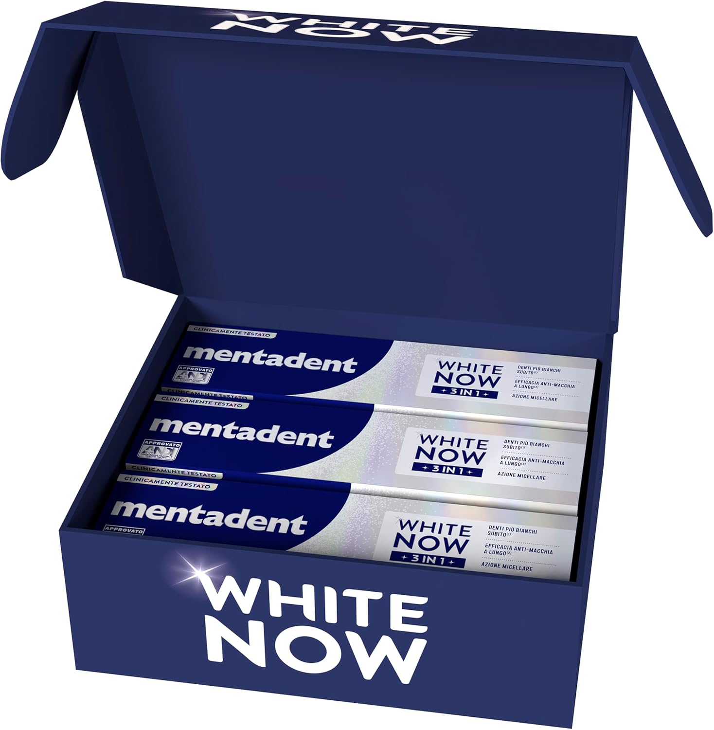 Detalle de Mentadent WHITE NOW 3in1 Original – Dentrificio 75 ml, cofanetto 3 pezzi, odore mentolato e azione sbiancante rapida
