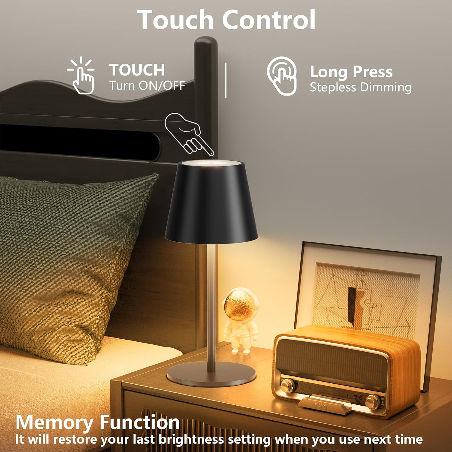 Detalle de lundwa dimmbare Akku-Tischleuchte (2er-Set, 26 cm) mit USB-Ladung, 3 W und 3000 K, IP54 (Schwarz)