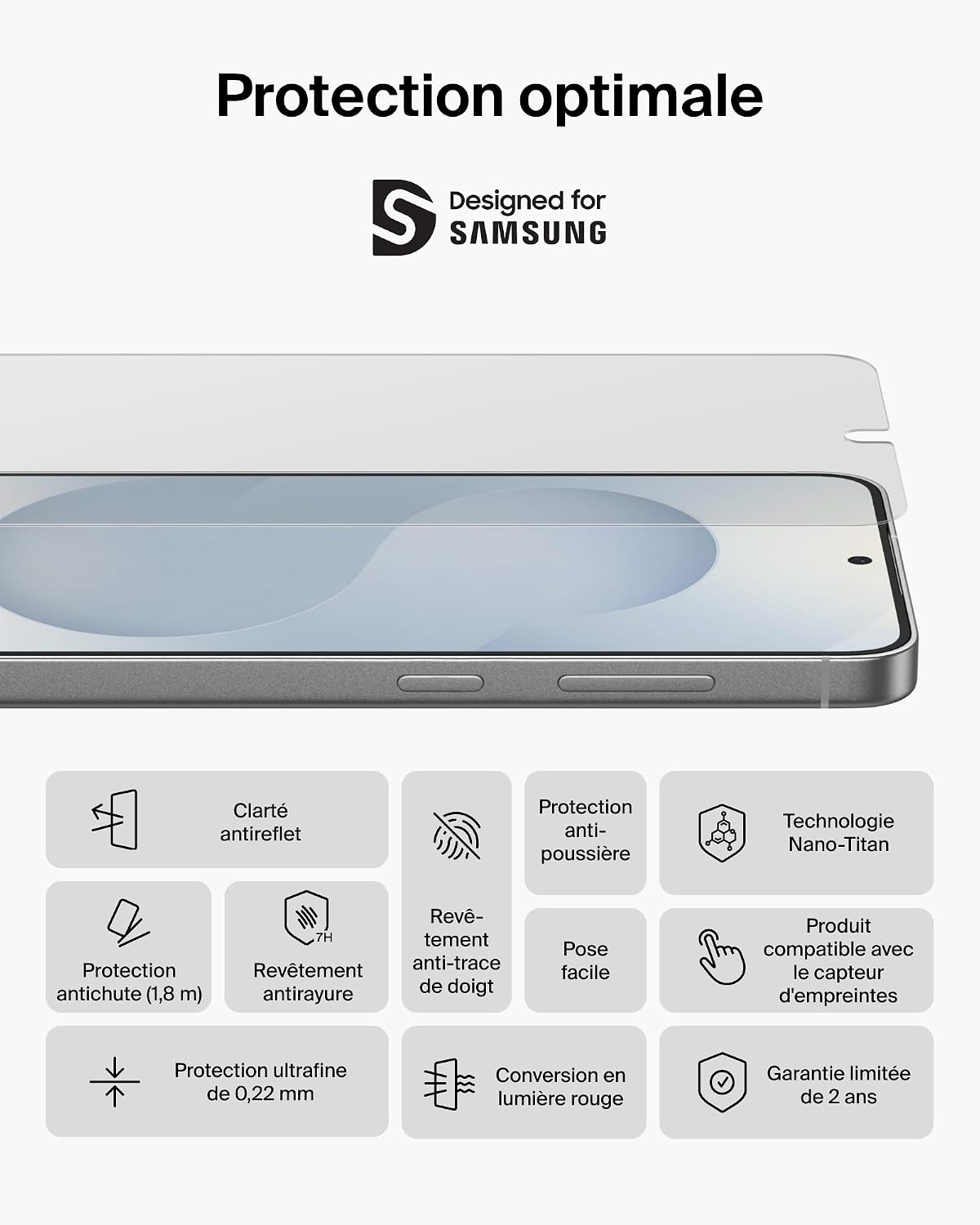 Detalle de Belkin ScreenForce Titan EcoGuard: Protection d'écran avec filtre lumière rouge pour Samsung Galaxy S26+