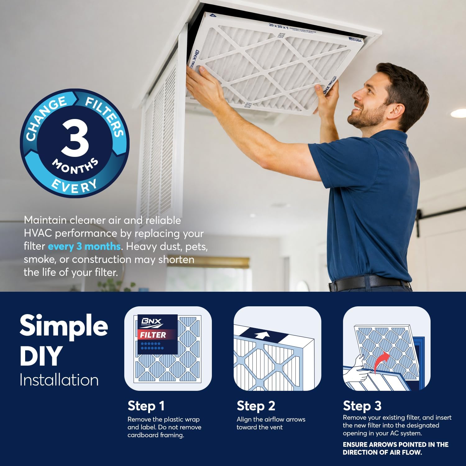 Detalle de BNX TruFilter 16x20x1 MERV 13 (6-Pack) — Made in USA, Electrostatic Pleated Air Filter for Allergies