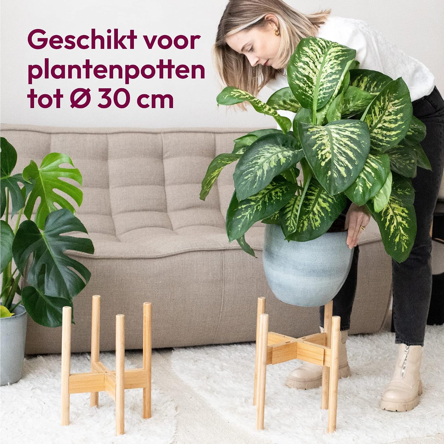 Detalle 1 de Gadgy GG0913-UK plantenstandaard, set van 2 van bamboe, verstelbaar Ø 20–30 cm