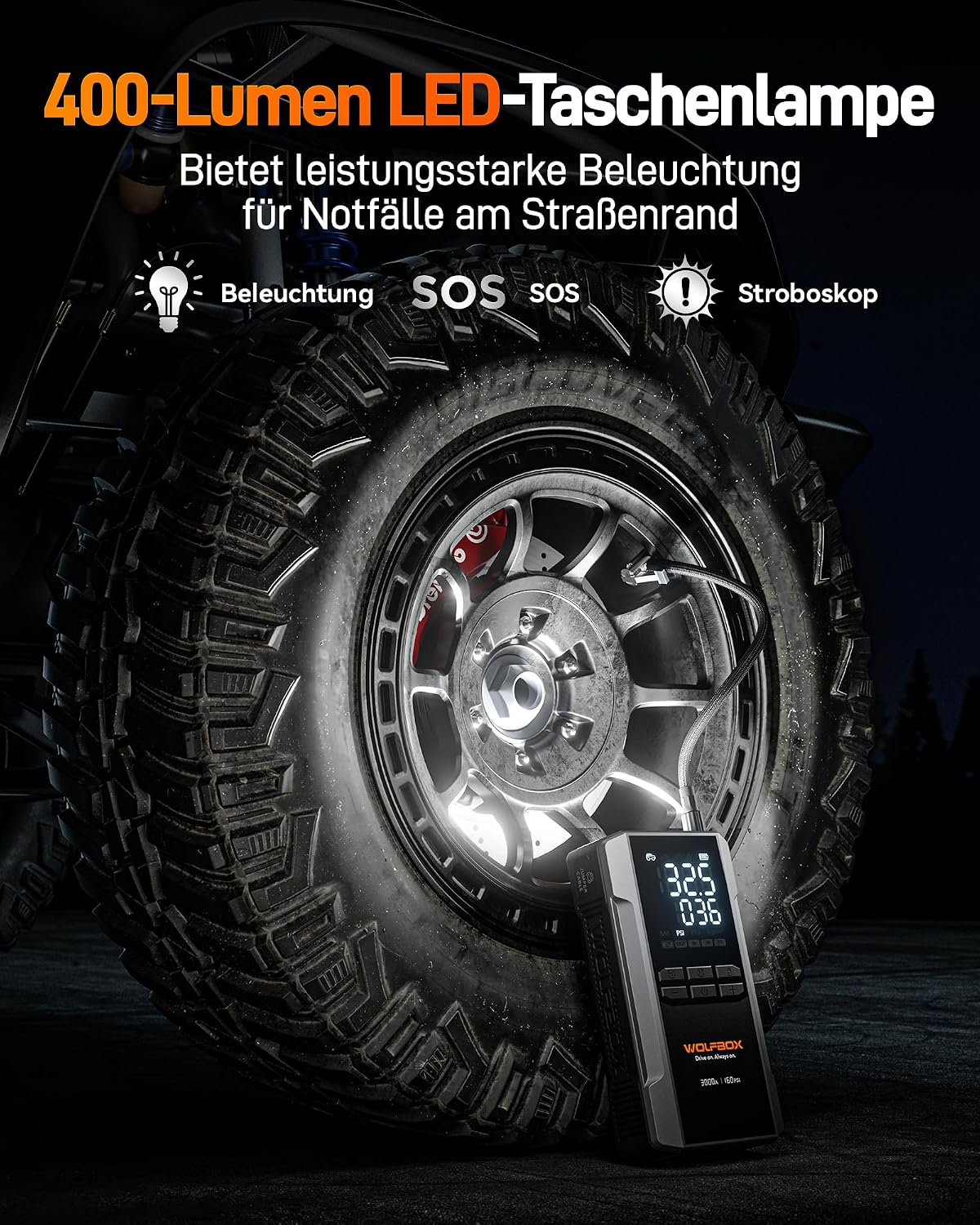 Thumbnail 6 de WOLFBOX 2000A Starthilfe Powerbank mit Luftkompressor (150 PSI) und LED-Notlicht, 10.000 mAh