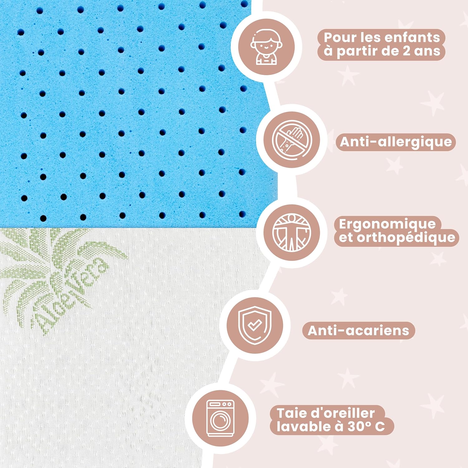 Thumbnail 3 de MIMUSELINA Oreiller mémoire de forme 50x30x5,5 cm pour bébé et enfant avec housse Aloe Vera amovible