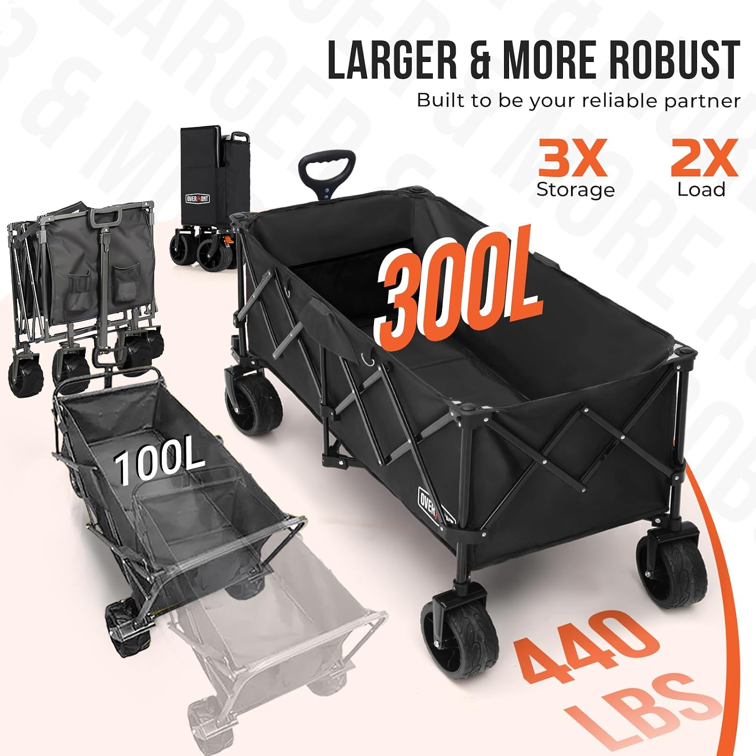 Detalle de Overmont Festival Pliable Extra Large 300 L – Chariot robuste et pliable avec roues larges
