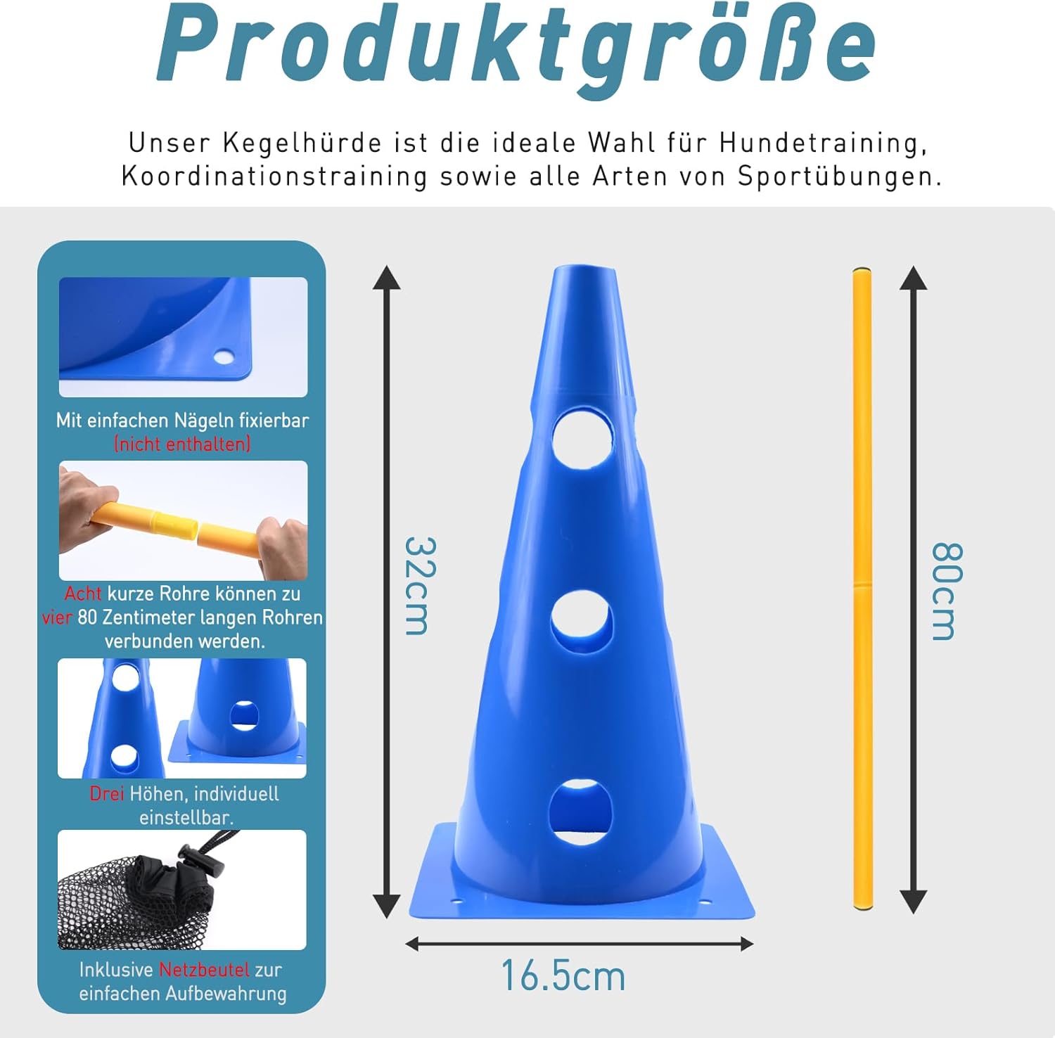 Detalle de Zazafolora Agility Set Hunde Groß: Cavaletti & Hindernisse für Hundetraining – 32 cm Höhe, 8 Stangen, 8 Kegel