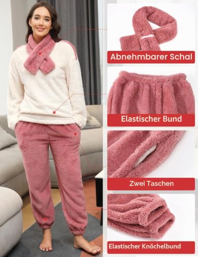 Thumbnail 3 de TOMEEK Damen Schlafanzug-Set Winter – Kuscheliger Polar-Fleece Pyjama mit Langarm-Oberteil, Hose und Schal in Orange/Rosa, XXL