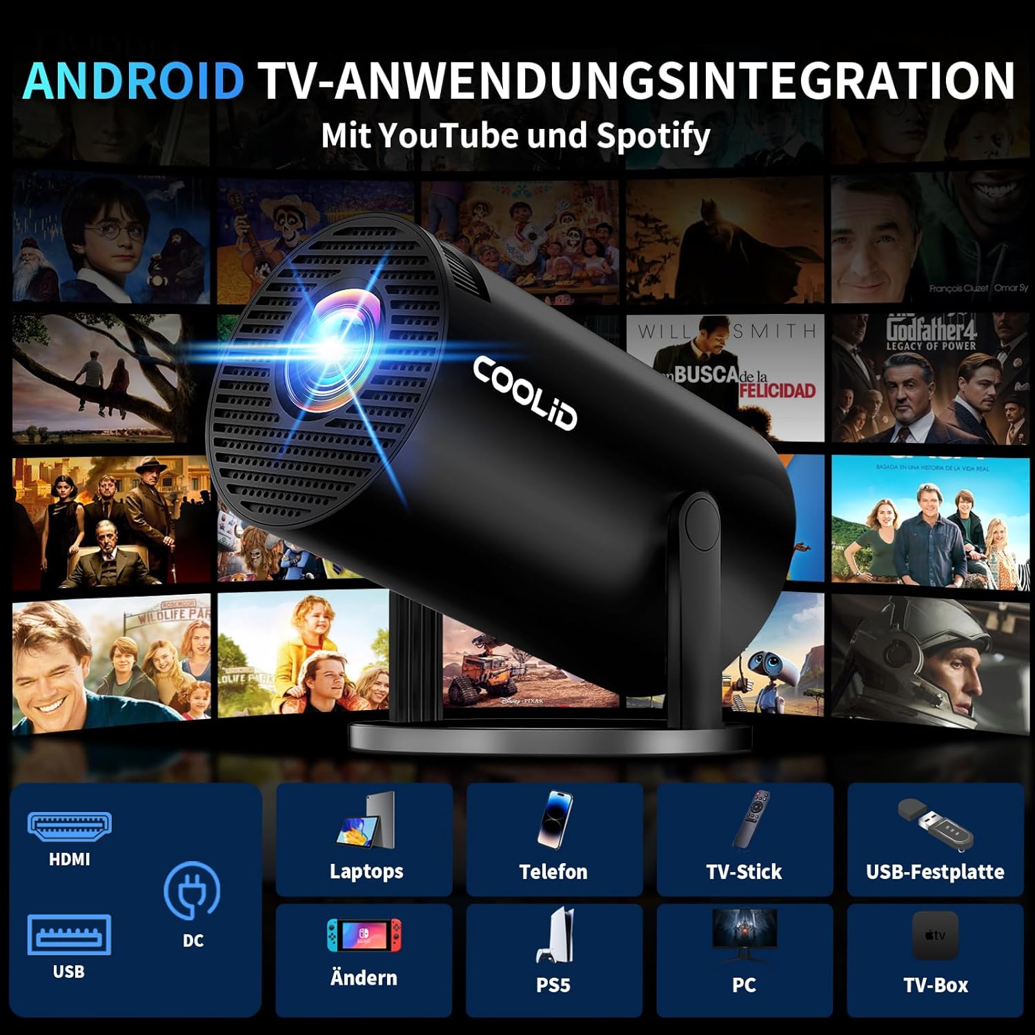 Detalle de Tragbarer Mini-Beamer mit WiFi 6 & Bluetooth 5.4, 1080p/„4K“ Decoding und Android TV – kompakt für Zuhause & unterwegs (schwarz)