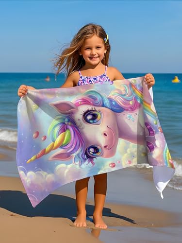 Detalle de Rowjoy Einhorn Kinder Strandtuch 60 × 120 cm – Mikrofaser, sandfest, schnell trocknend, pink