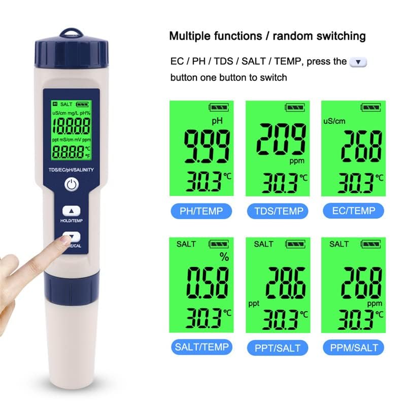 Detalle 2 de Hofun 9909-A-1 5-in-1 Digital Water Tester for Salinity, pH, EC, TDS and Temperature