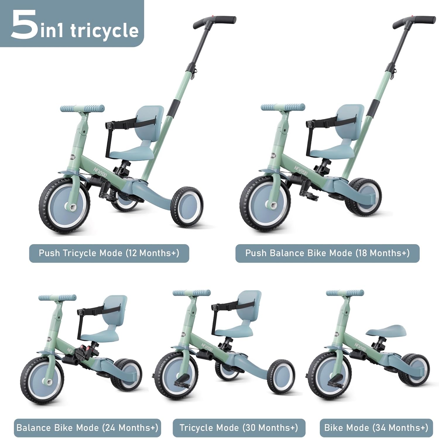 Thumbnail 1 de newyoo 5-in-1 Toddler Tricycle with Push Handle (TR007) for 1-3 Years