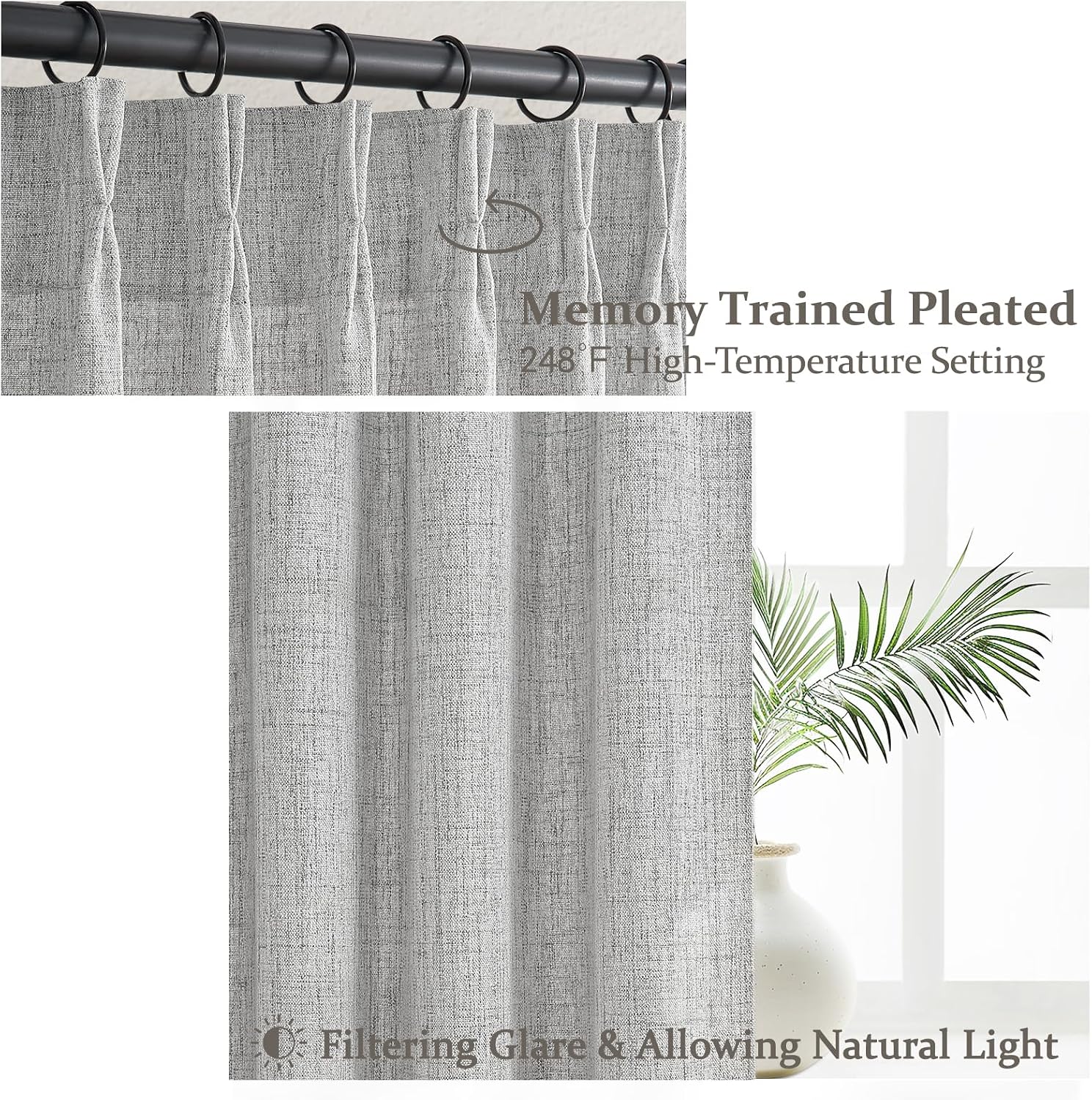 Detalle de Unique Light Grey Pinch Pleat Thick Natural Linen 86 Inch Curtain Set (2 Panels) with Memory Pleats and Back Tab