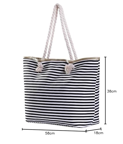 Thumbnail 6 de Bolso de playa grande con cremallera DonDon — diseño a rayas negro y blanco