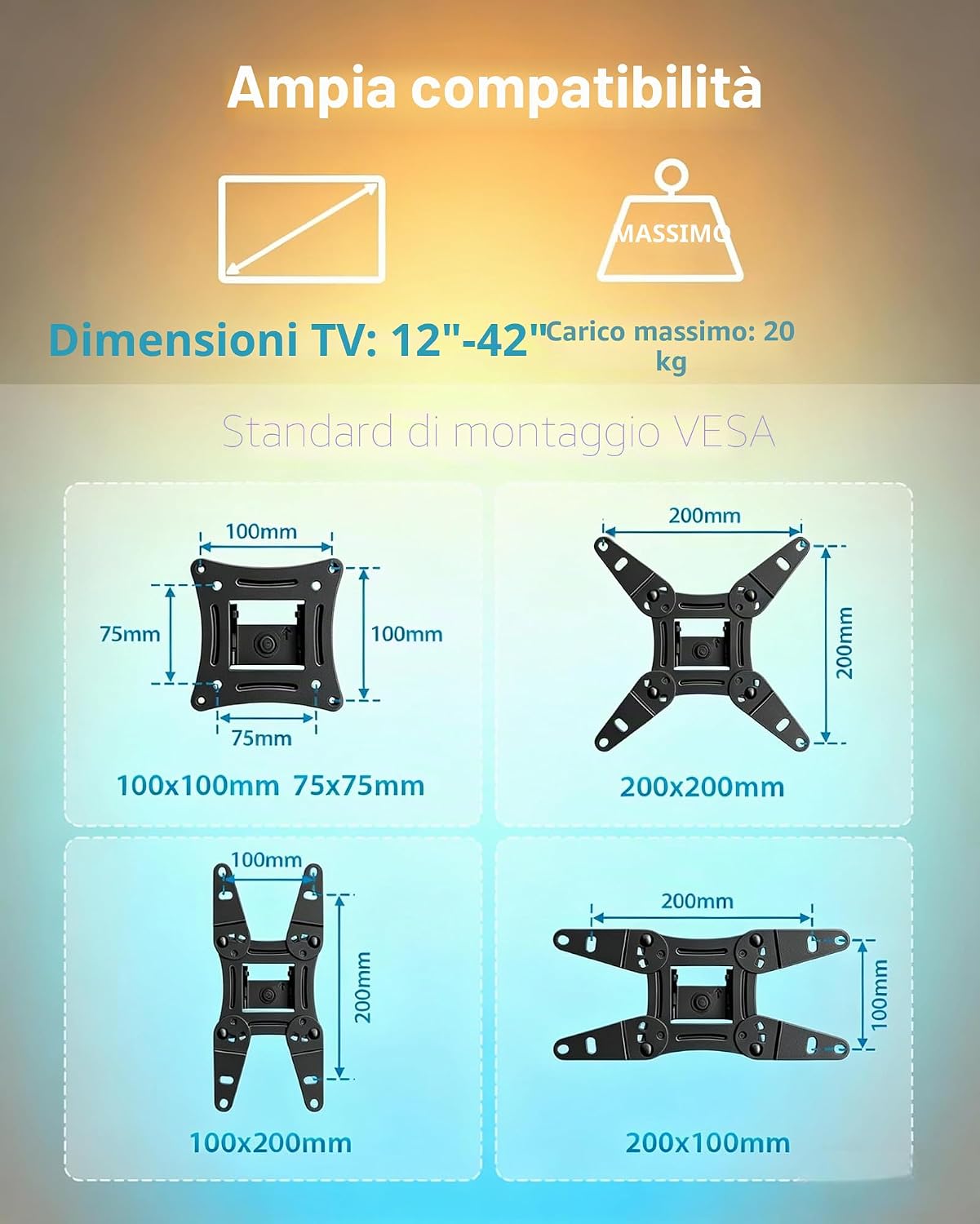 Detalle de PERLESMITH Supporto TV Parete Full Motion 12"-42": estensione, rotazione e inclinazione fino a 20 kg (VESA fino a 200x200)