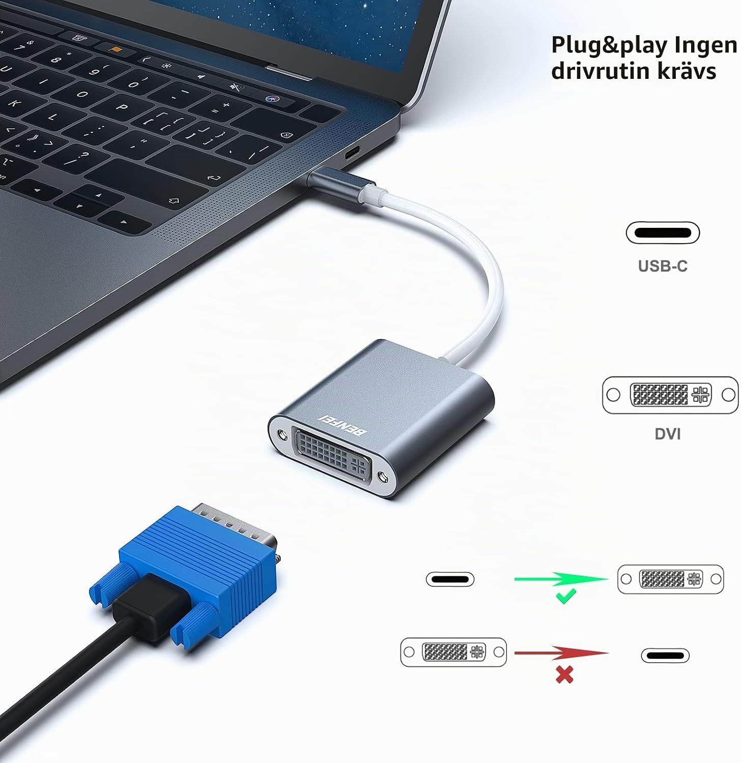 Detalle 2 de BENFEI USB-C till DVI-D-adapter för extern skärm, upp till 1 920 × 1 200