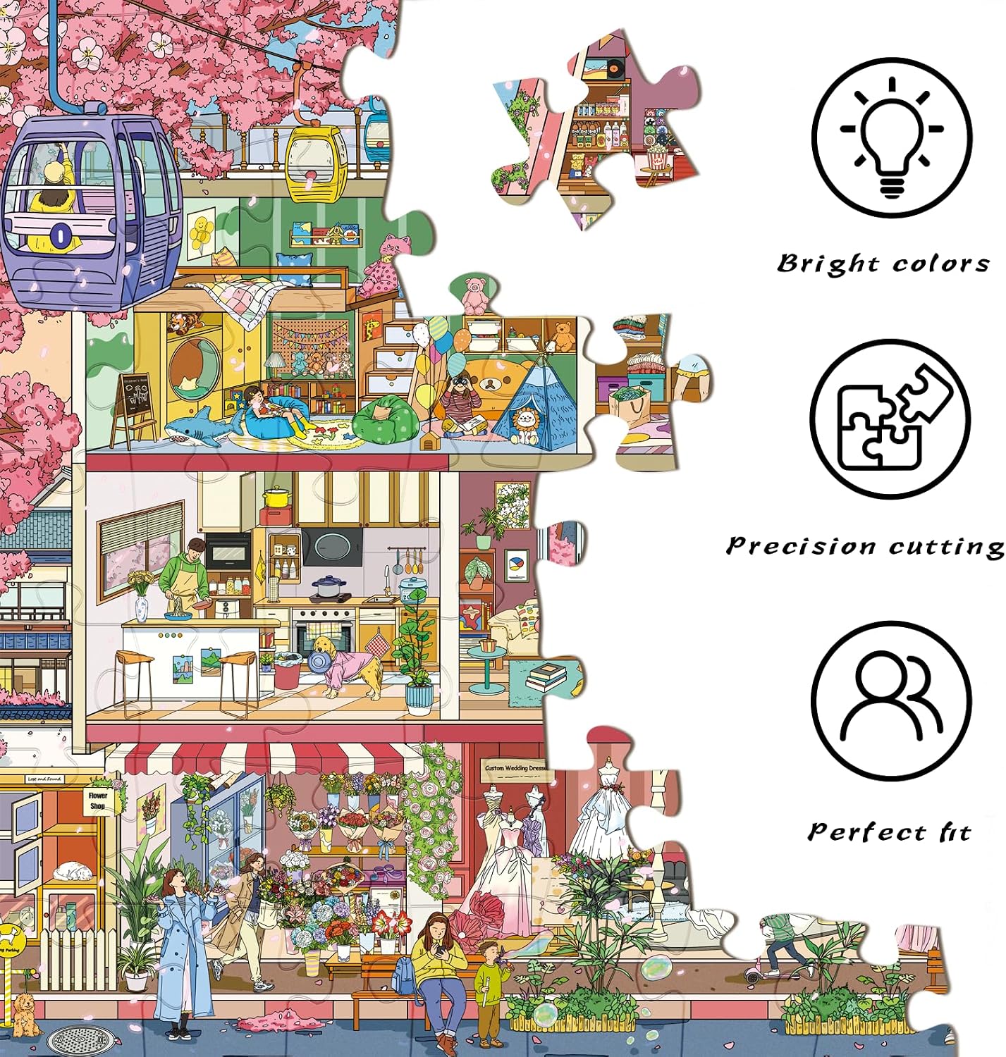 Detalle 2 de HUADADA 1000 Pieces Jigsaw Puzzle – Sakura Town (70 x 50 cm)