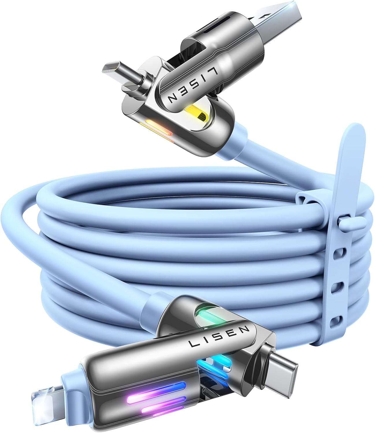 Detalle de LISEN 4-in-1 Charging Cable, 6 ft, USB-C/USB-A, RGB Light, Sky Blue