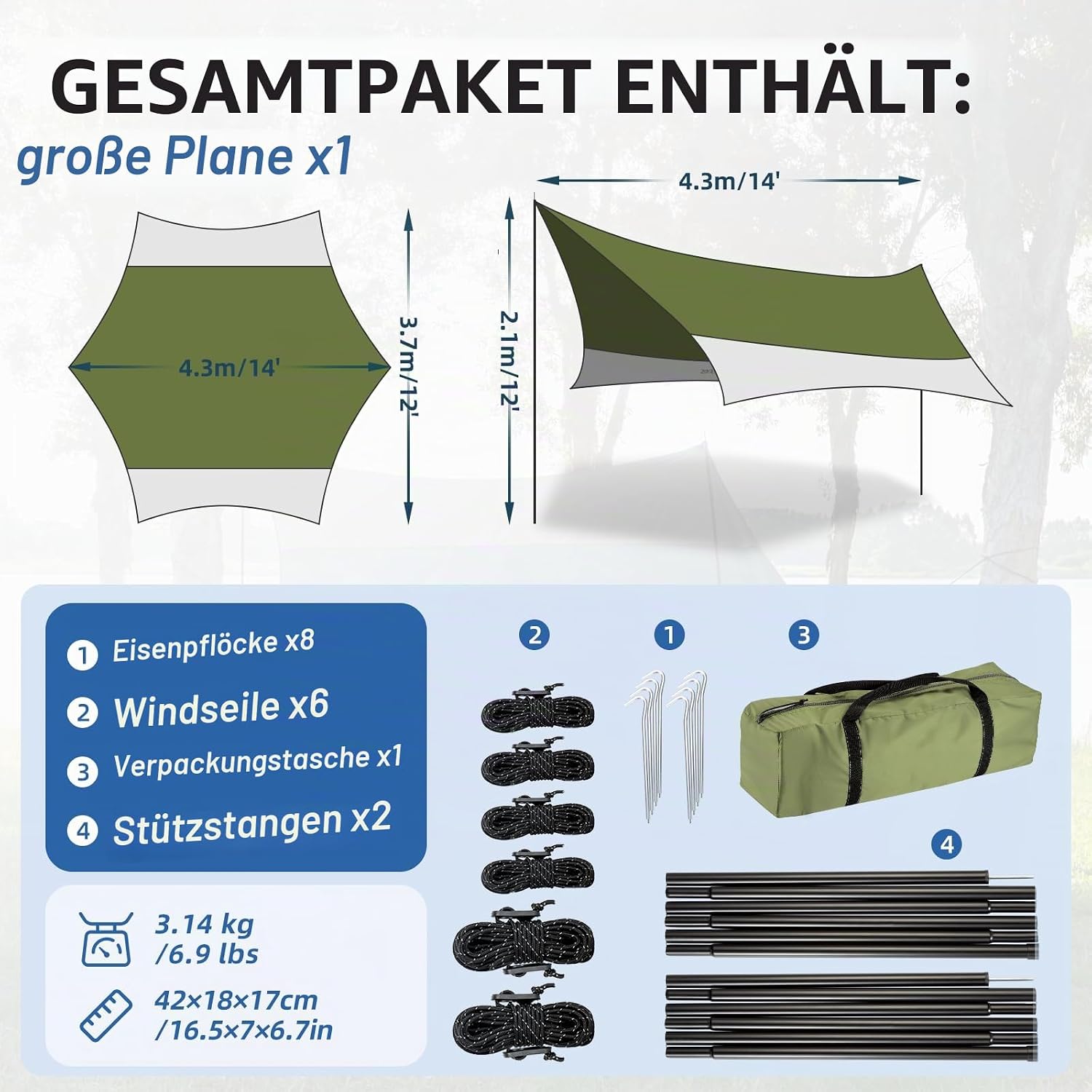 Detalle 2 de Forceatt Zeltplane 3,7 × 4,3 m: Ultraleicht, wasserdicht und UV-schutz für Camping, Wandern und Outdoor