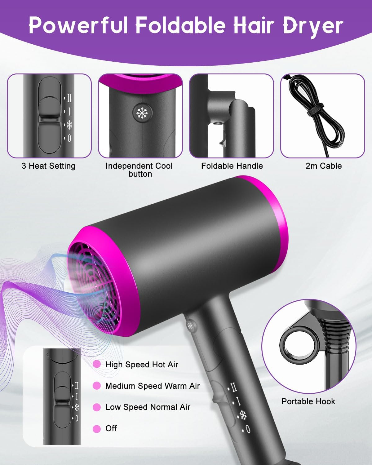 Detalle de Small Hair Dryer, Foldable Ionic Blow Dryer with Diffuser & Concentrator for Travel and Everyday Use