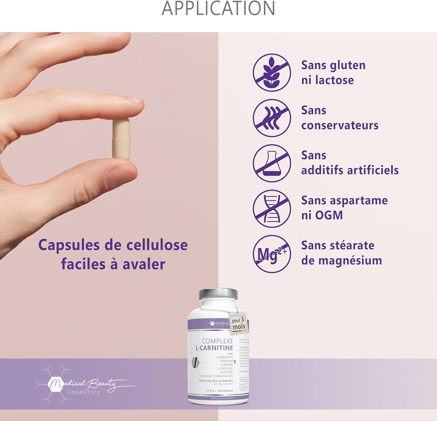 Detalle de Complexe de L-Carnitine Carnipure® – 180 capsules vegan hautes doses avec thé vert, caféine, choline et pipérine