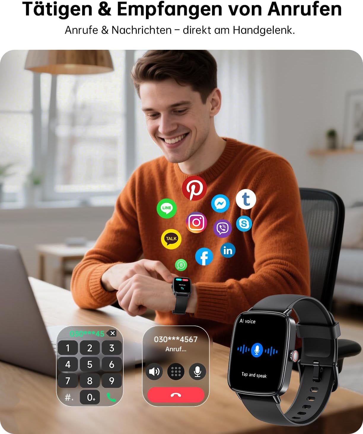 Detalle de Gydom Smartwatch Herren mit Telefonfunktion – 1,85" HD Display, 350 mAh, IP68, 120+ Sportmodi