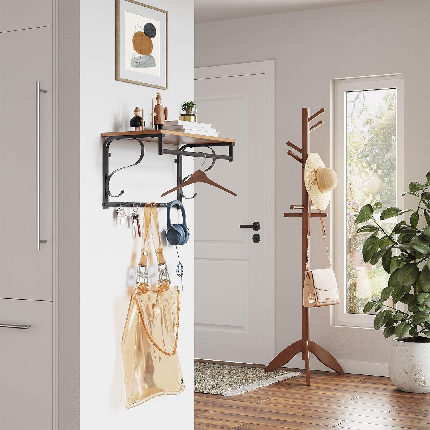 Detalle 2 de VASAGLE LCR11BX Industrial Wall-Mounted Coat Rack with Shelf, 5 Hooks & Bar