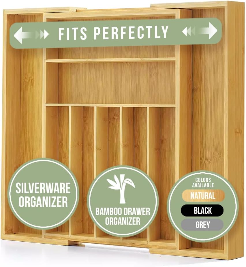 Thumbnail 1 de Purawood Bamboo Drawer Organizer: Expandable 7–9 Slot Silverware Tray